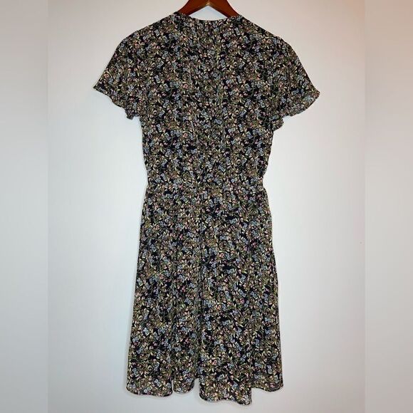 BANANA REPUBLIC Black Ditsy Floral Print Flutter-Sleeve Keyhole Dress Size Small - Picture 5 of 15